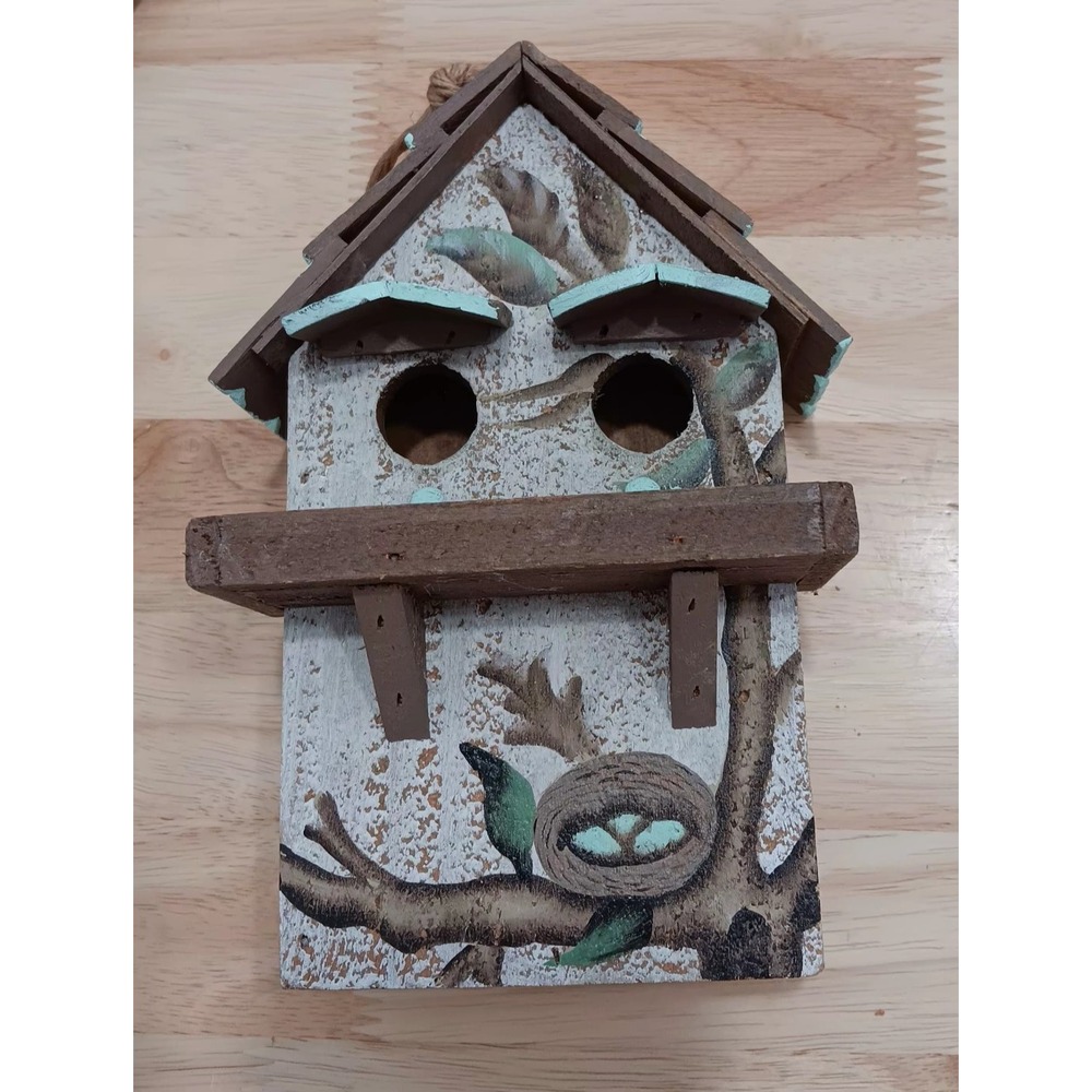Handmade Hand-Painted Wooden Bird House Floral Hanging Indoor Outdoor 7.5x4.3x2 - Picture 1 of 10